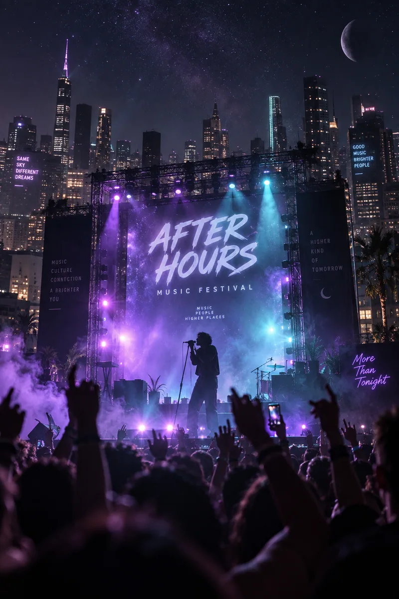 After Hours rooftop concert with a singer silhouette, saturated stage lights, city skyline and haze at midnight