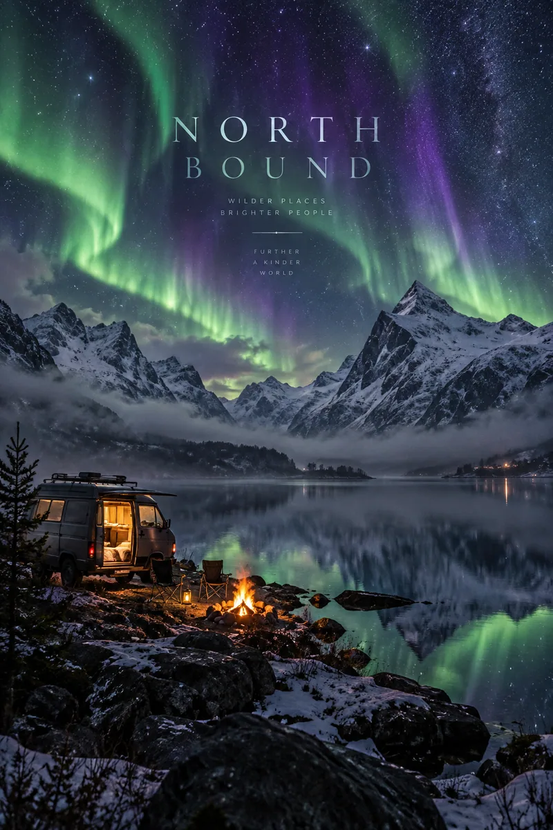 North Bound travel photograph with an aurora over snowy mountains, glassy lake, camper van and campfire