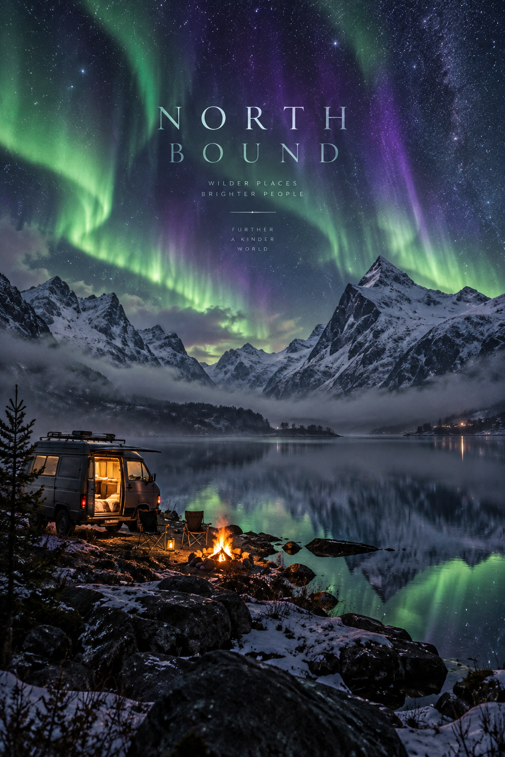 North Bound travel photograph with an aurora over snowy mountains, glassy lake, camper van and campfire