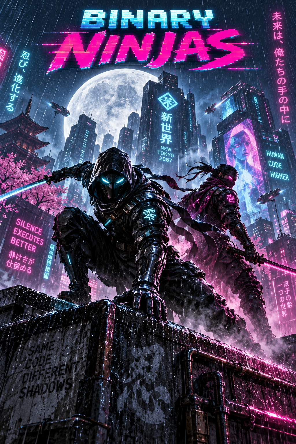 Binary Ninjas cyberpunk game cover with masked characters on a rainy neon rooftop, moonlit towers and wet reflections