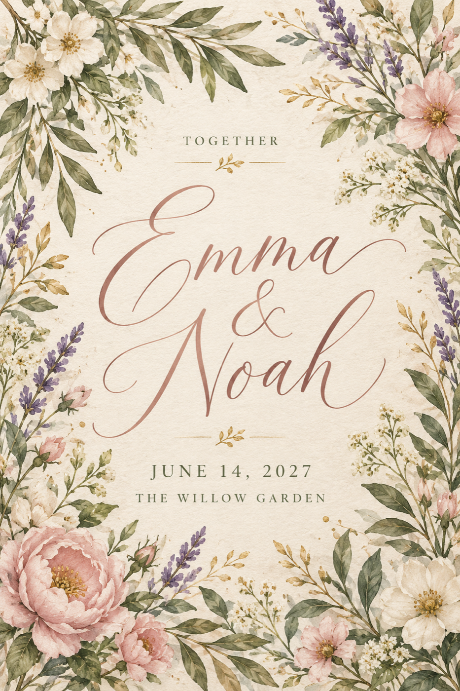 Emma and Noah wedding invitation with botanical watercolor flowers and elegant script on textured cream paper