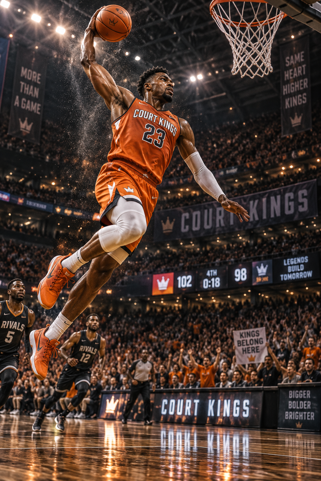 Court Kings championship basketball poster with a player dunking under arena lights, cheering crowd, sweat particles and hardwood reflections