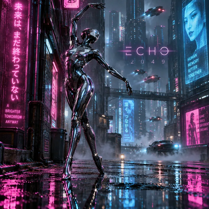 Echo 2049 cyberpunk album cover with a chrome dancer in a rainy neon alley, holographic signs and reflective puddles