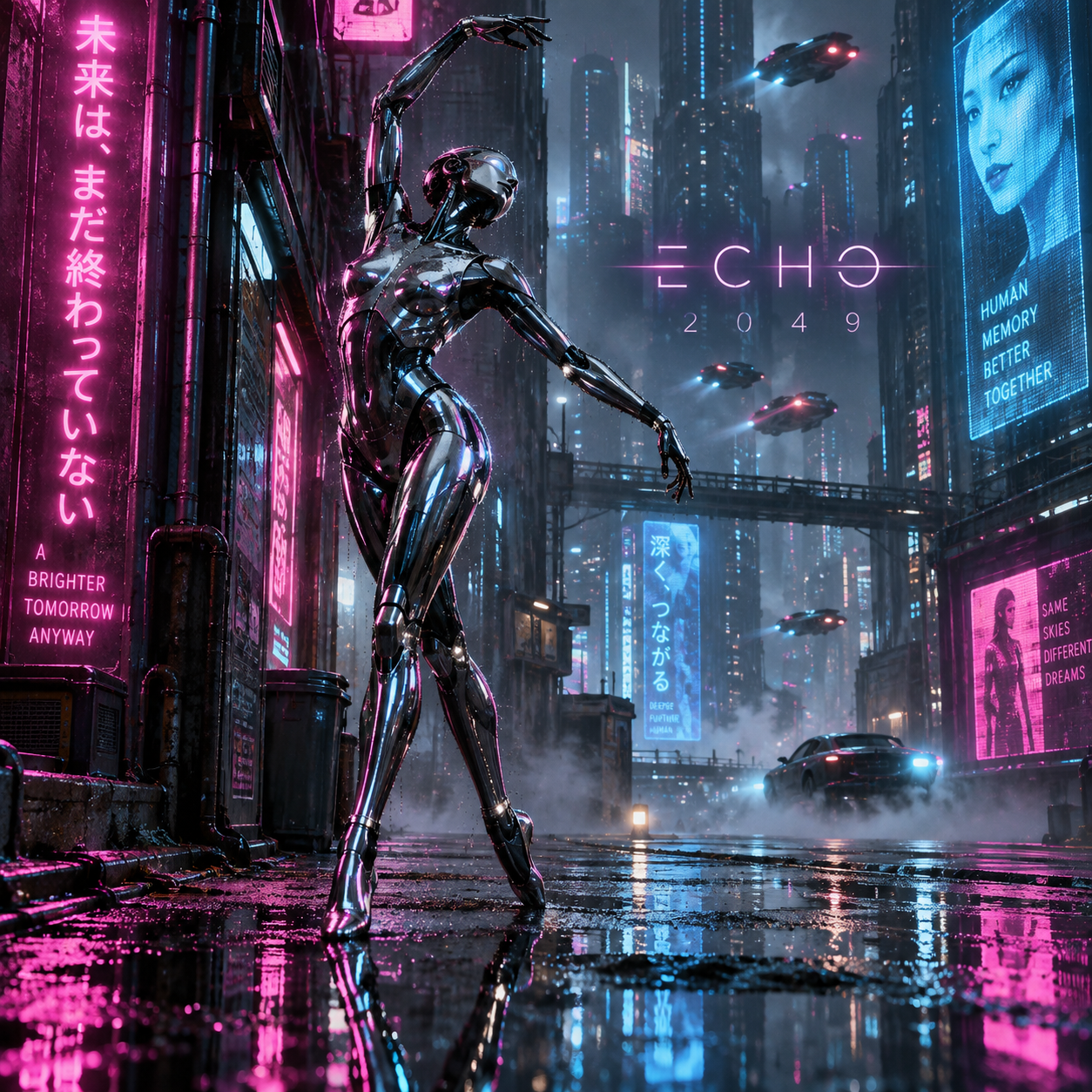 Echo 2049 cyberpunk album cover with a chrome dancer in a rainy neon alley, holographic signs and reflective puddles