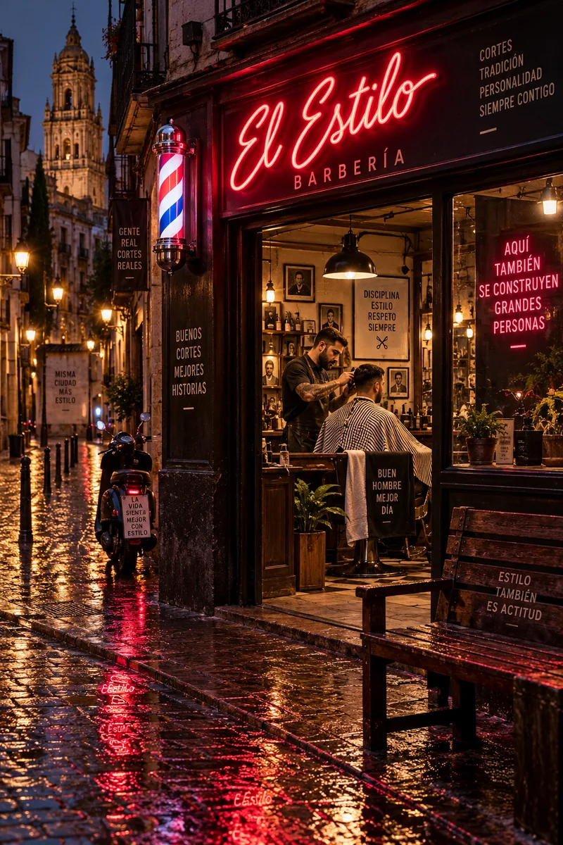 El Estilo Spanish barber shop at night with wet brick, neon sign, barber pole, open window and reflected pavement