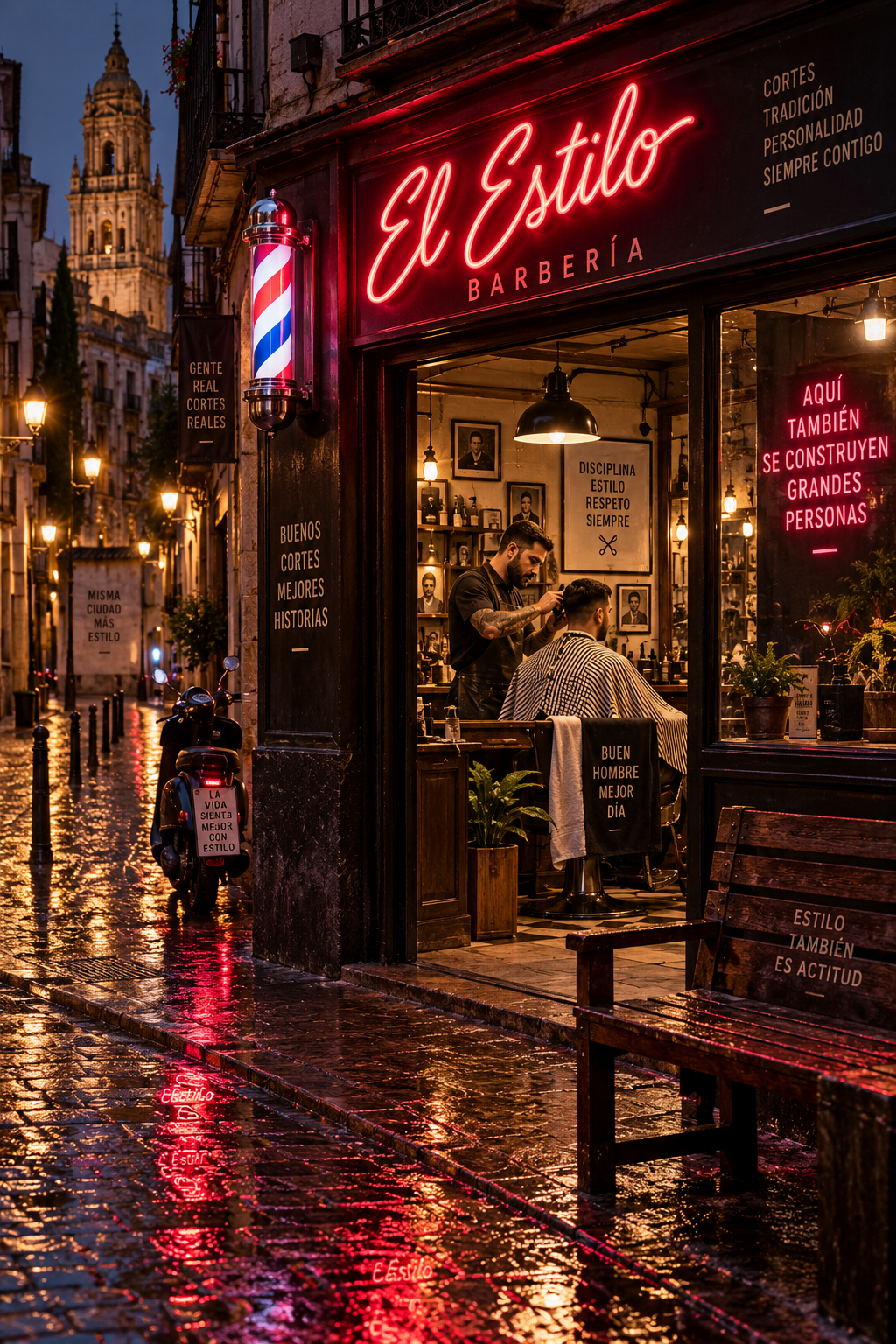 El Estilo Spanish barber shop at night with wet brick, neon sign, barber pole, open window and reflected pavement