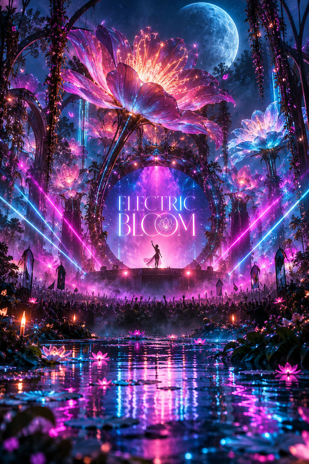 Electric Bloom festival visual with luminous flowers, dancer silhouette, laser beams, reflective water and neon fog