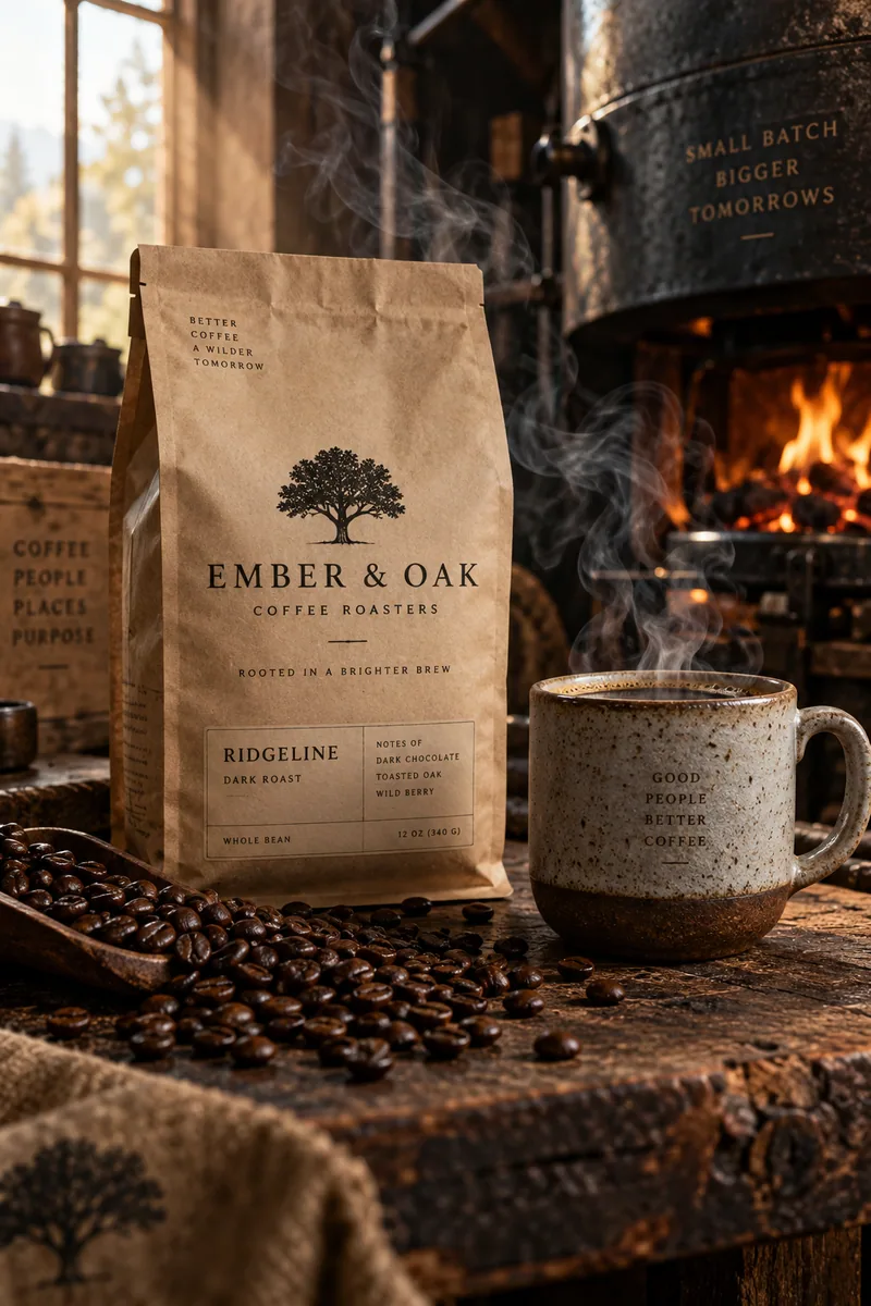 Ember and Oak coffee campaign with a kraft bag, ceramic cup, roasted beans, firelight and curling smoke on a workbench