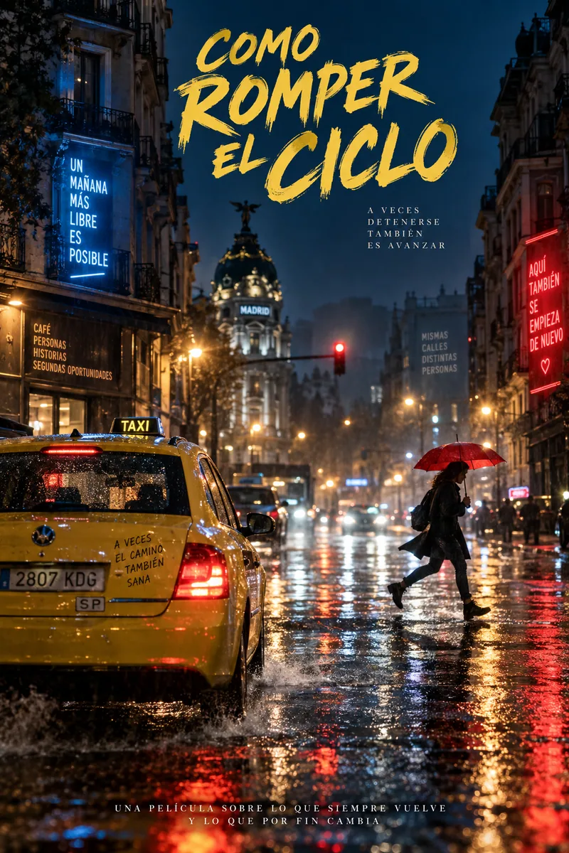 Cómo romper el ciclo Spanish cinema poster with yellow brush lettering, a yellow taxi in a rain-soaked neon city, runner, red umbrella and blue amber light