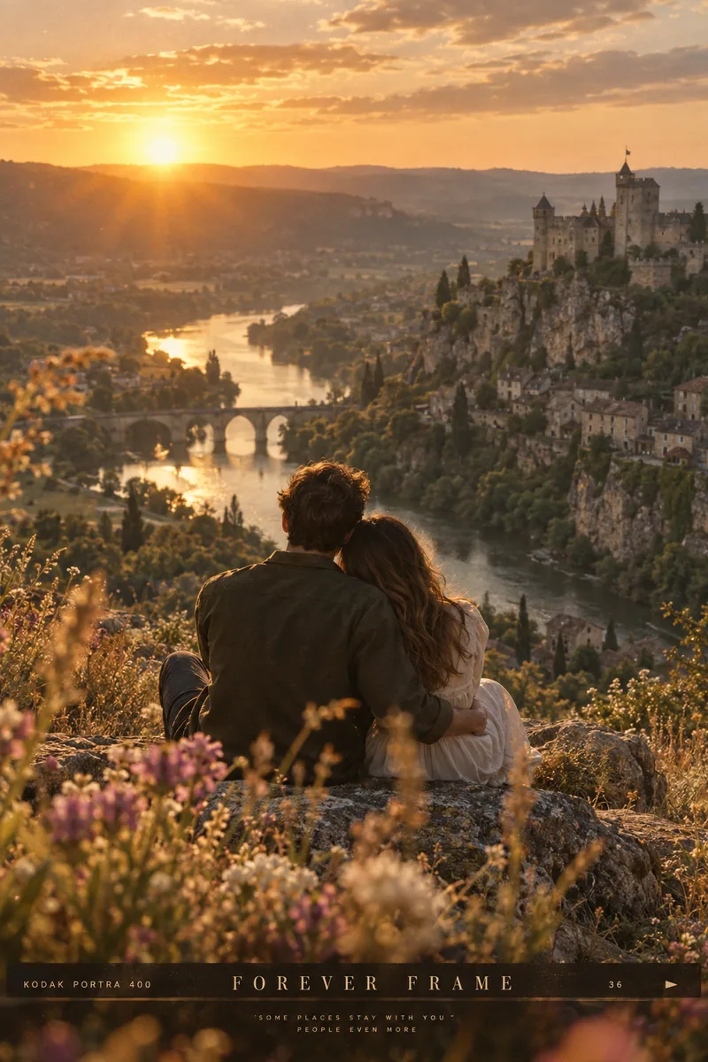 Forever Frame cinematic photograph with a couple on a cliff, golden-hour castle valley, flowers and sun flare