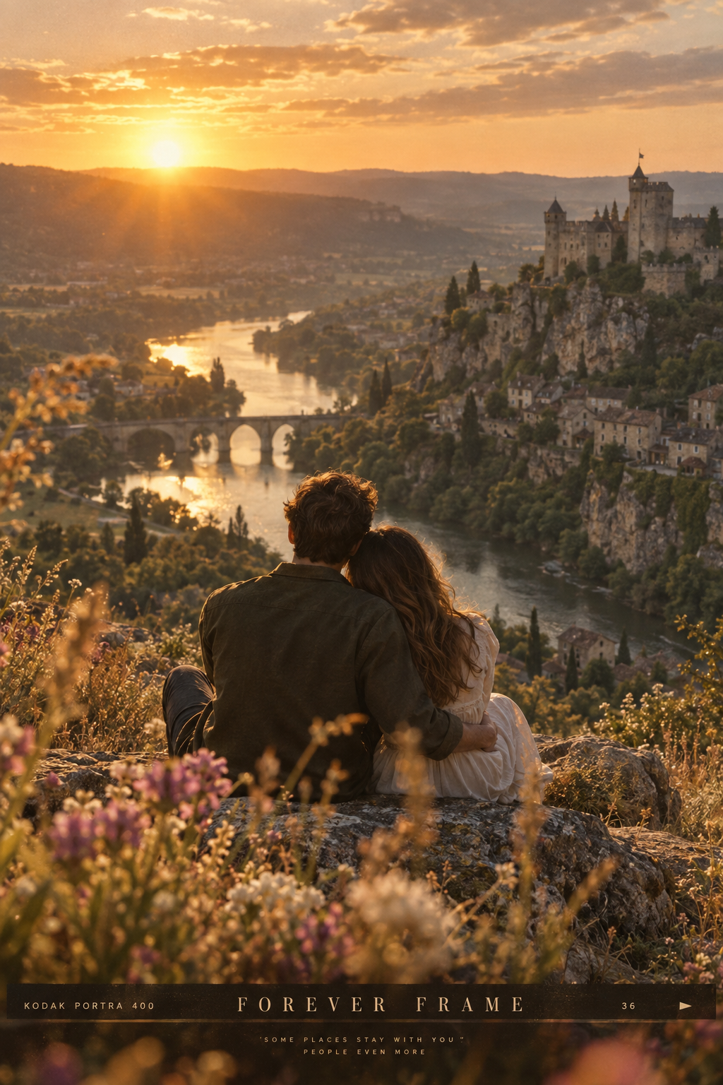 Forever Frame cinematic photograph with a couple on a cliff, golden-hour castle valley, flowers and sun flare