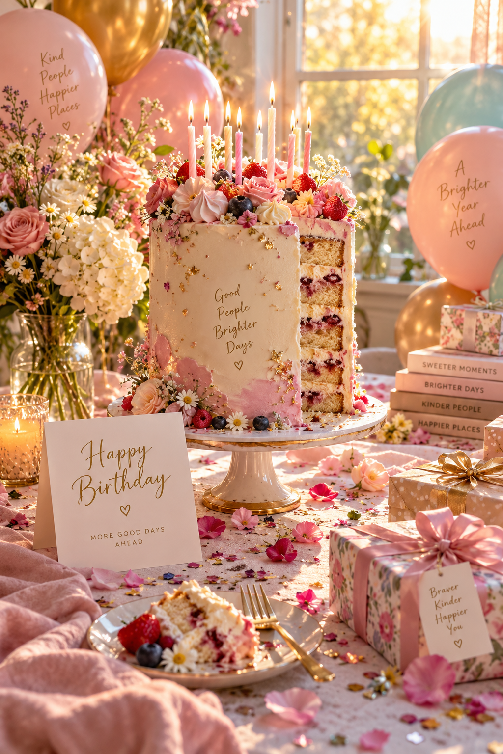 Happy Birthday editorial scene with a candlelit cake, balloons, gifts, confetti and warm window light