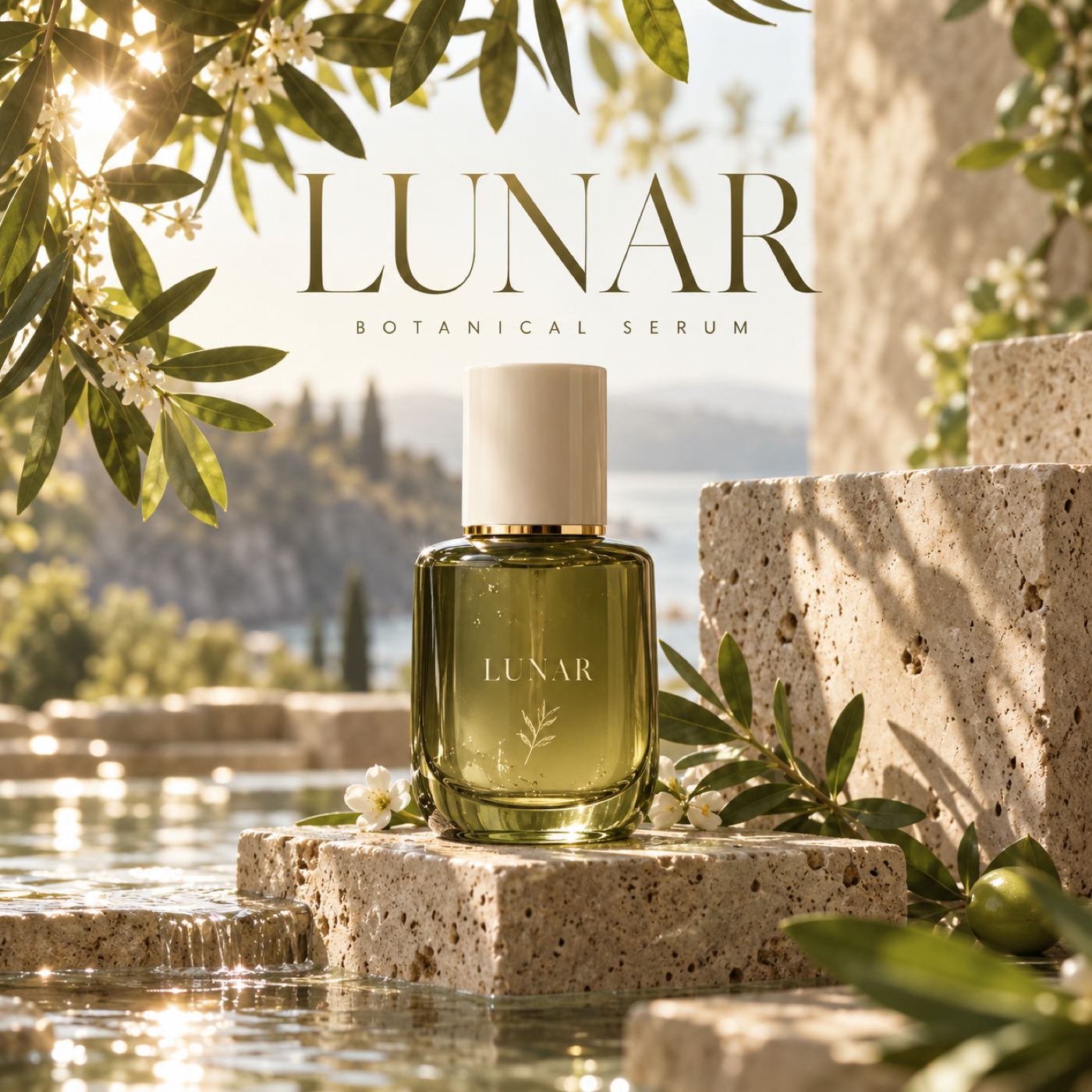Lunar skincare product campaign with a glass bottle, sculptural gold lettering and soft botanical shadows