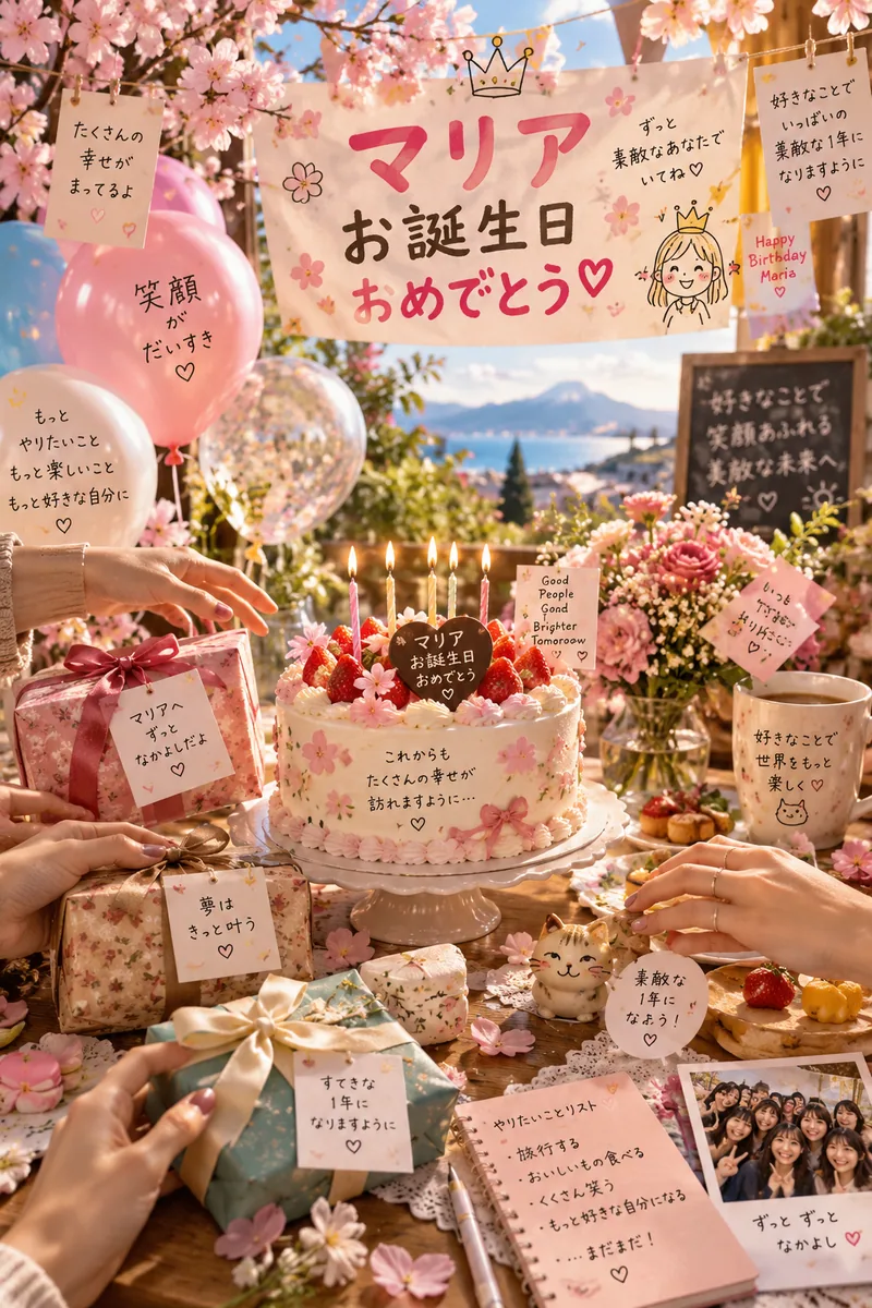 Maria Japanese birthday poster with a decorated cake, cherry blossoms, balloons, gifts and playful warm light