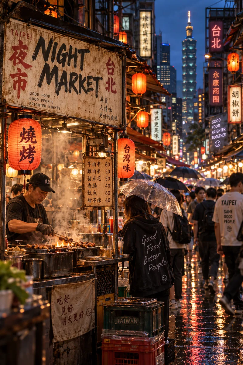 Night Market Taipei street scene with a steaming food stall, vendor, umbrellas, lanterns and wet pavement reflections
