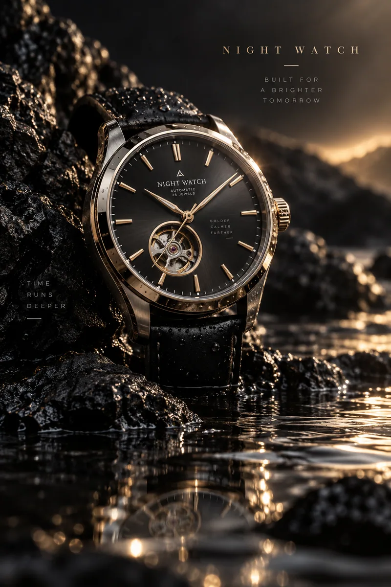 Night Watch luxury product photograph with a polished mechanical watch on wet volcanic stone, droplets and dramatic rim light