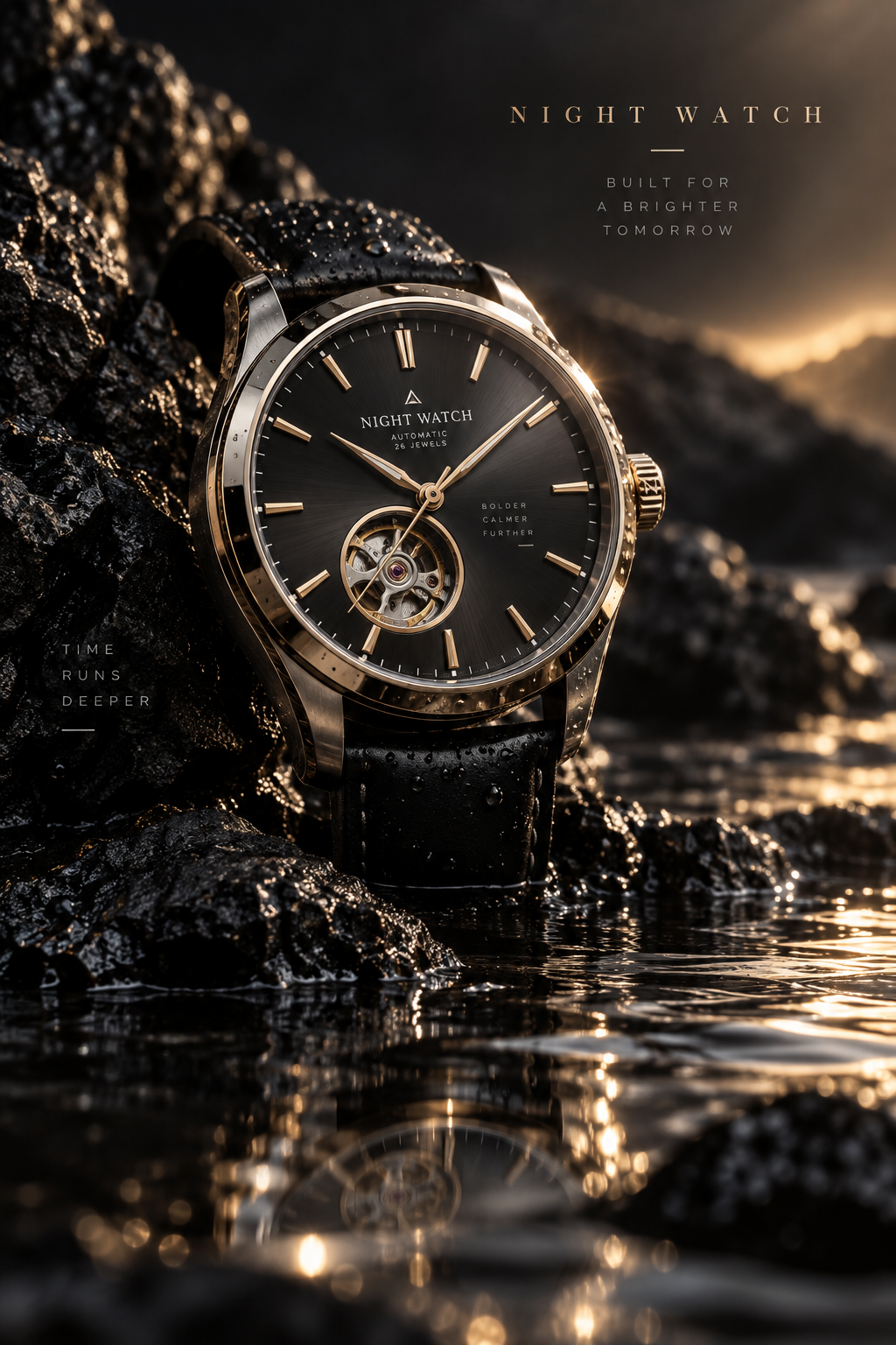 Night Watch luxury product photograph with a polished mechanical watch on wet volcanic stone, droplets and dramatic rim light