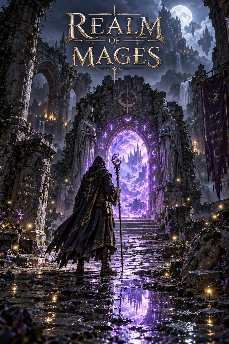 Realm of Mages fantasy cover with a hooded mage before a glowing portal in a ruined stone courtyard, waterfalls and fireflies