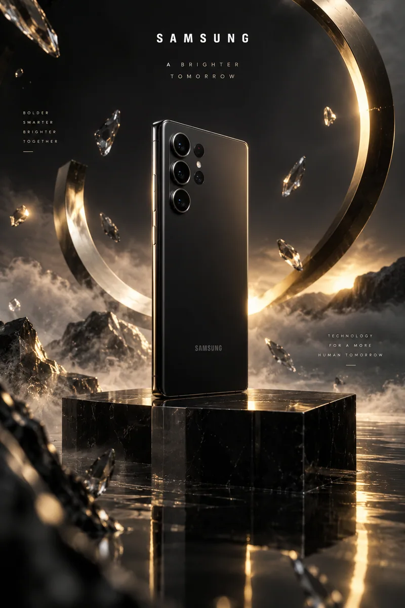 Samsung smartphone campaign with a black phone on a reflective plinth, gold rim light, glass shards and studio fog