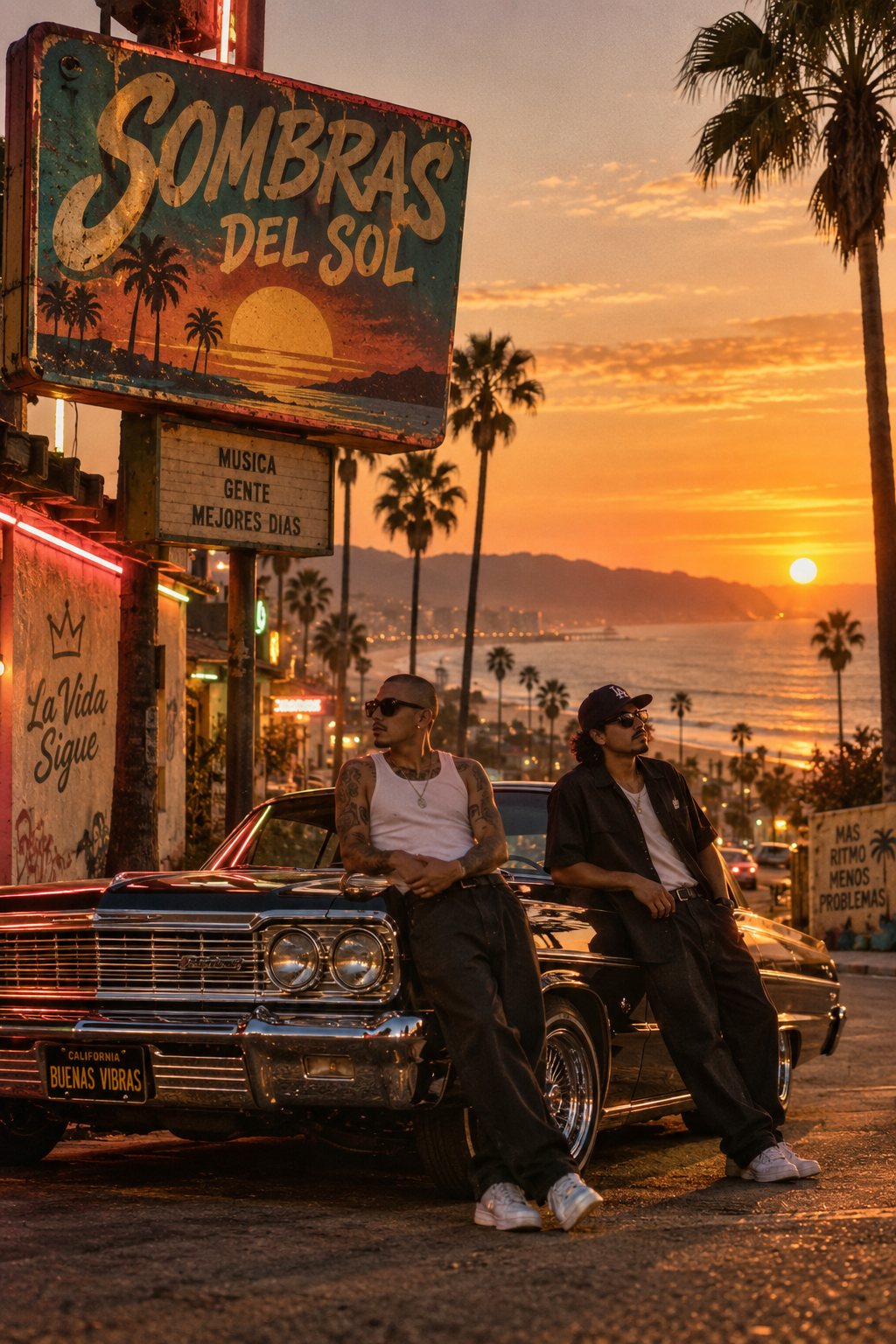 Sombras del Sol Latin music poster with a vintage lowrider, palm-lined coastal boulevard, friends and sunset chrome reflections