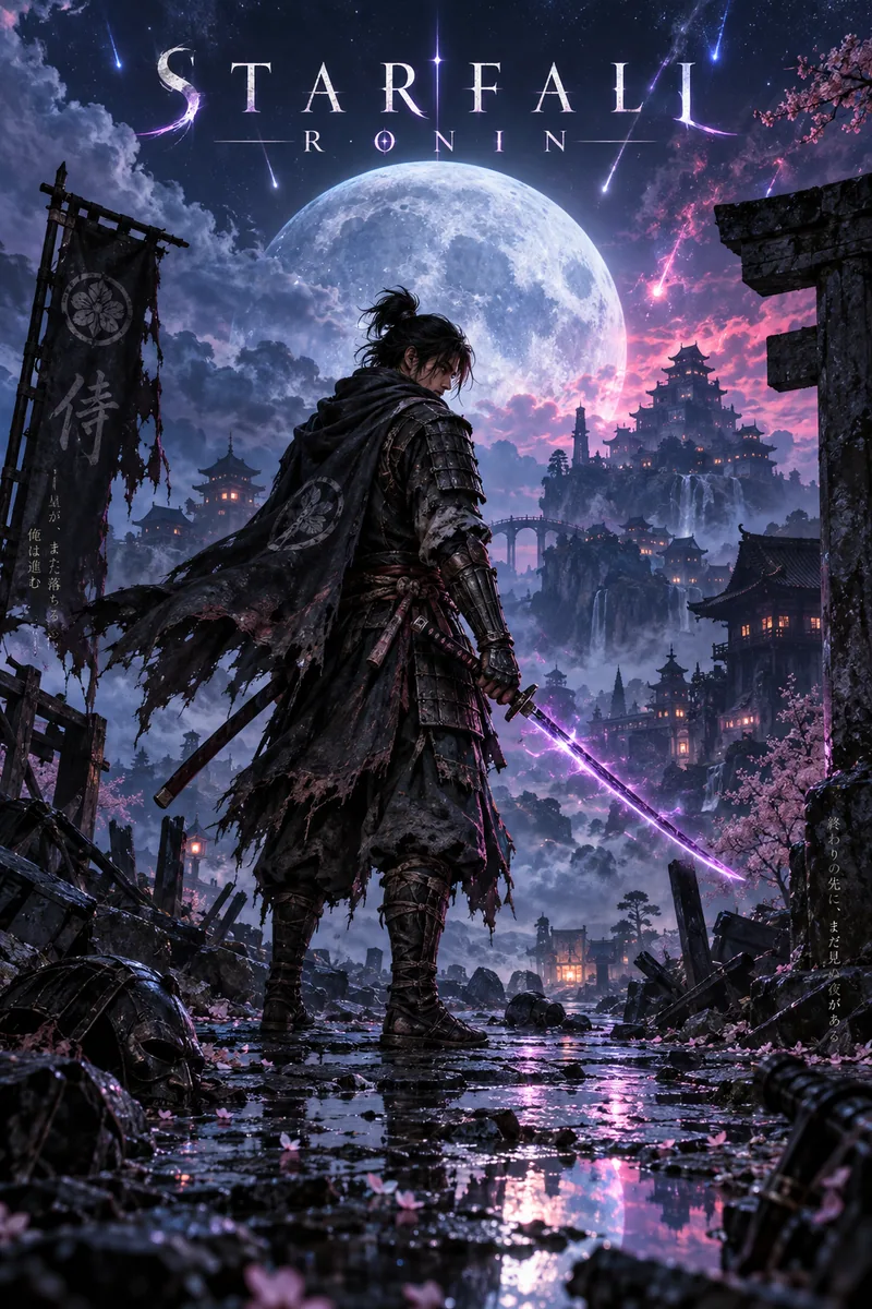 Starfall Ronin anime key art with a lone armored warrior under a huge moon, glowing sword, mist and ruined pagodas