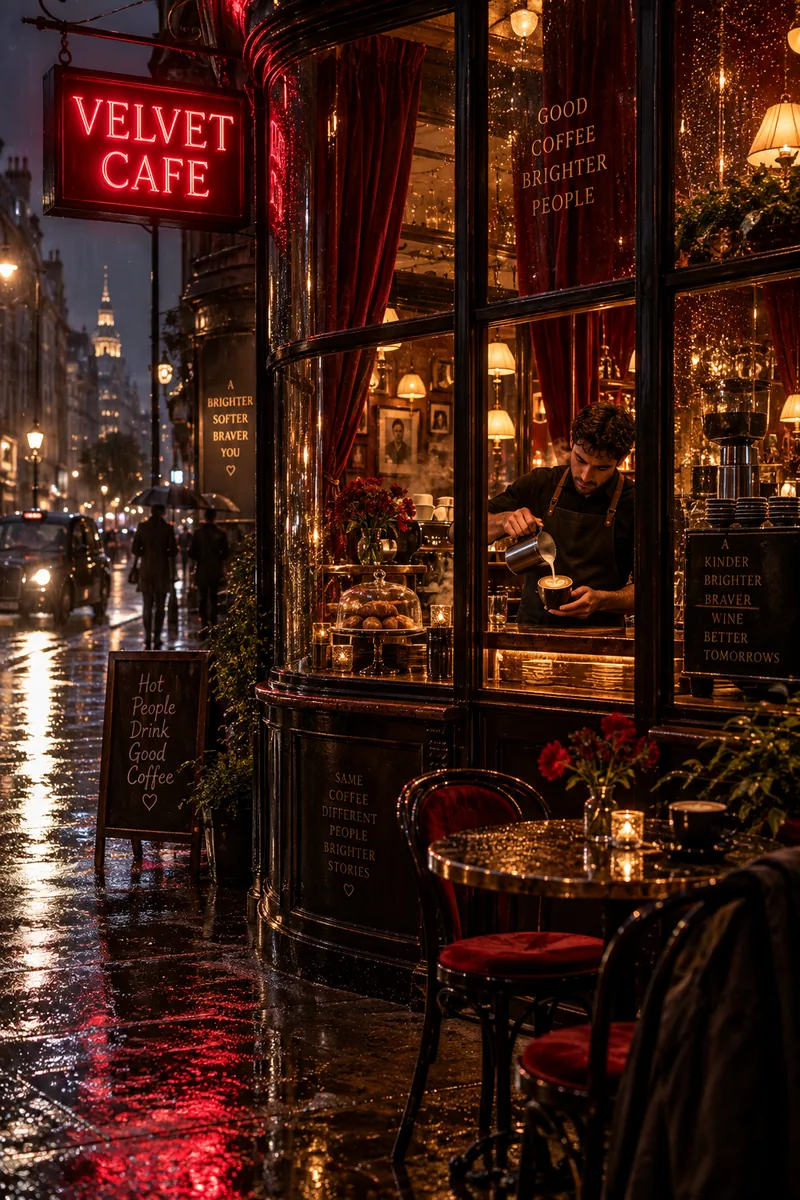 Velvet Cafe rainy midnight storefront with warm windows, barista, steaming coffee and red neon reflected on pavement