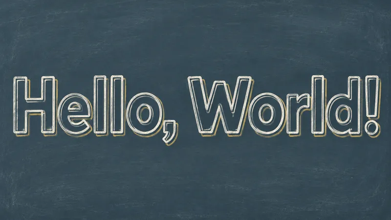 Hello, World! in double ivory chalk outlines with an ochre offset shadow on a slate-blue board