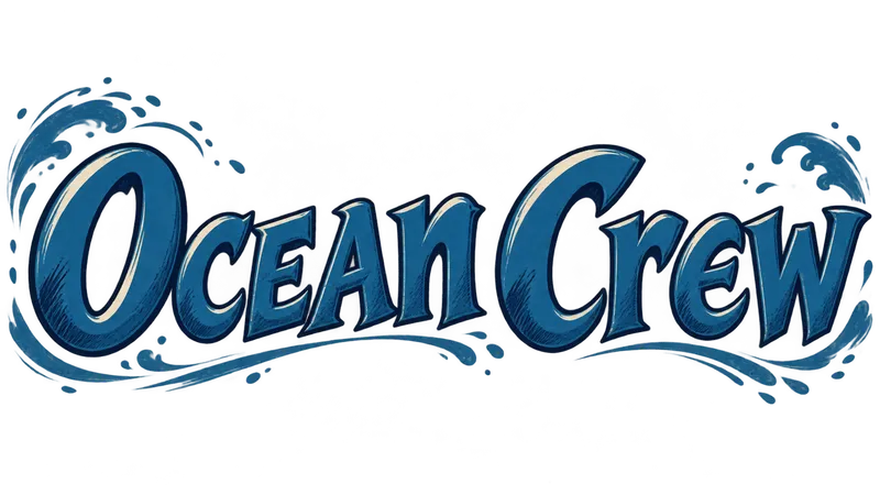 Ocean Crew in blue manga-style lettering with ivory highlights and curling wave accents, surrounded by transparent space