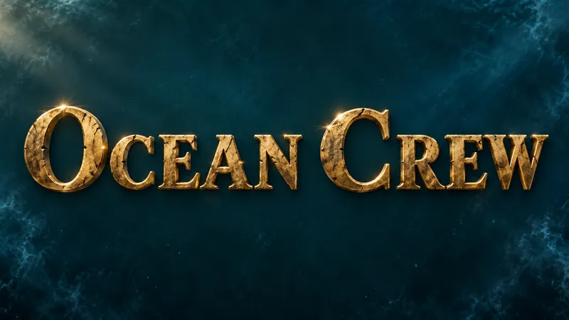 Ocean Crew in weathered gold serif lettering with small glints on a dark teal background