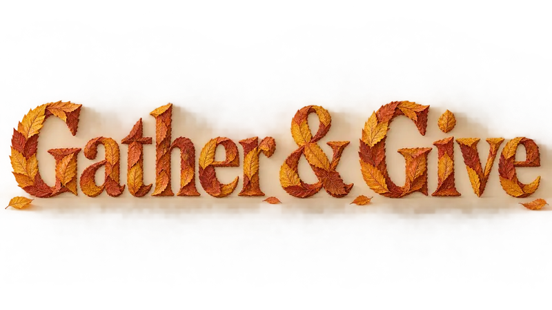 Gather & Give formed from orange, amber and russet autumn leaves, with a pale shadow and transparent outer areas