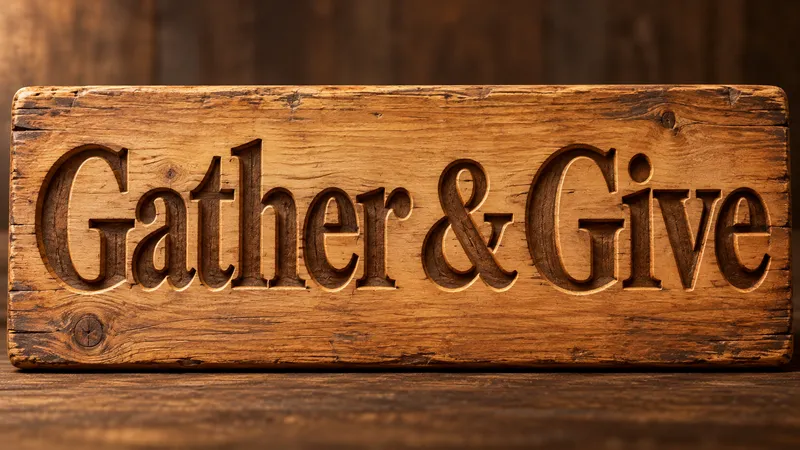 Gather & Give carved in deep serif letters into a warm wooden sign
