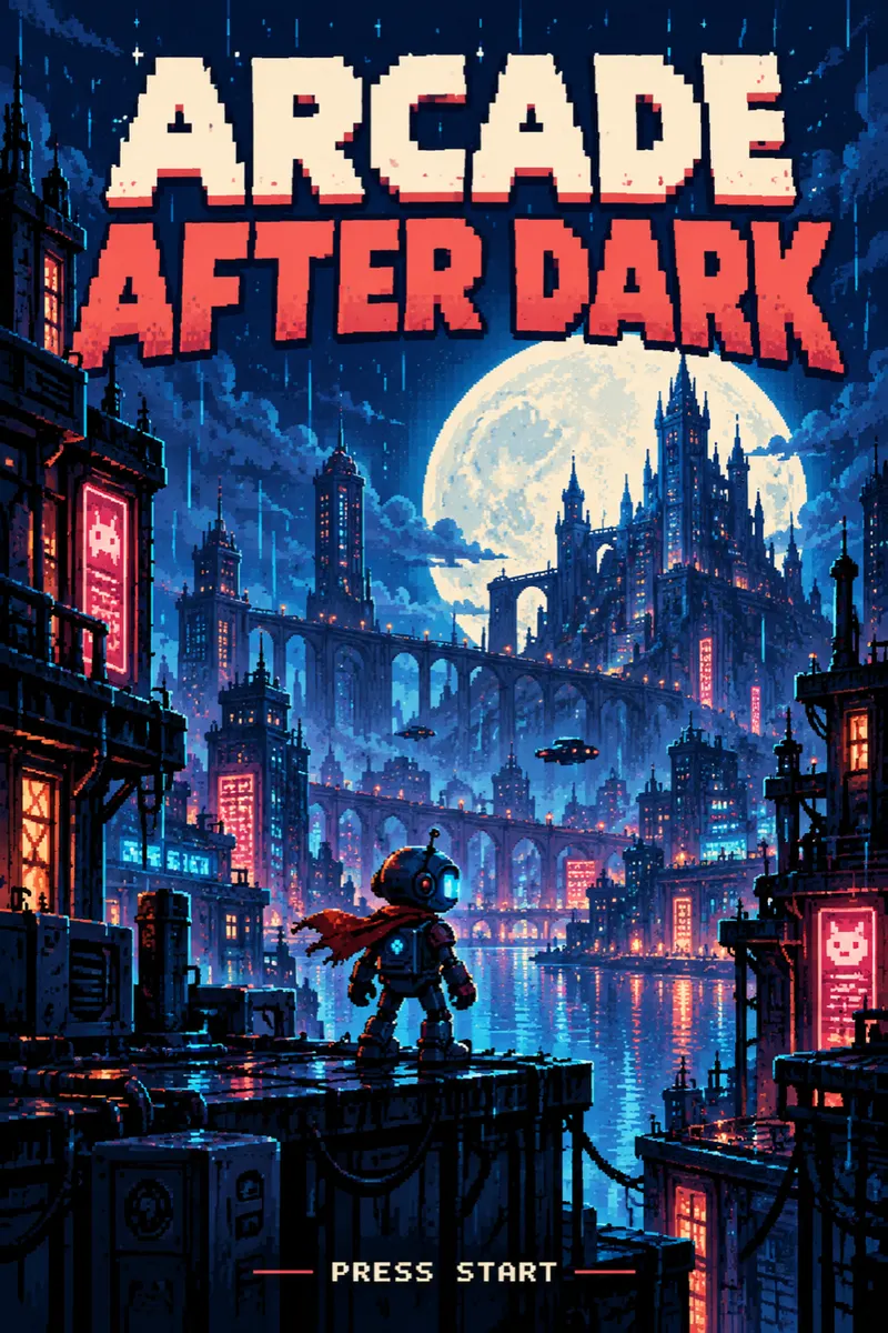 Arcade After Dark retro game cover with neon city lights, a pixel hero and a moonlit skyline