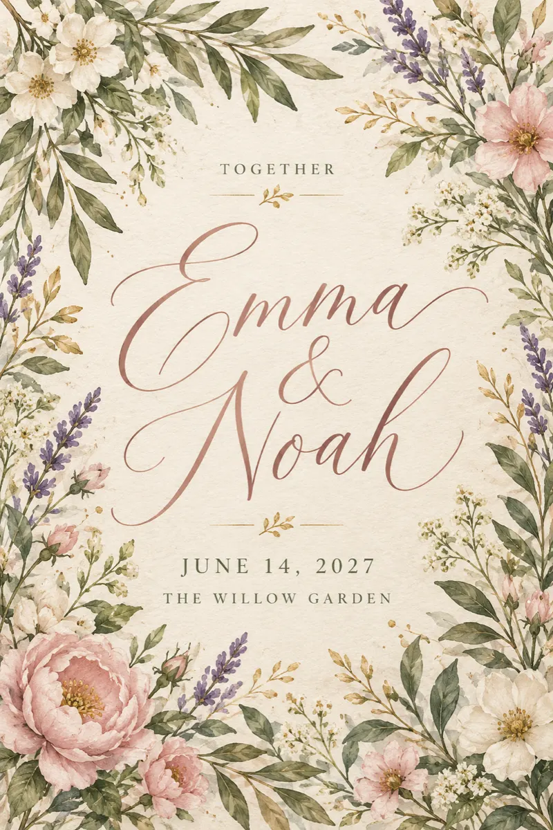Emma and Noah wedding invitation with botanical watercolor flowers and elegant script on textured cream paper