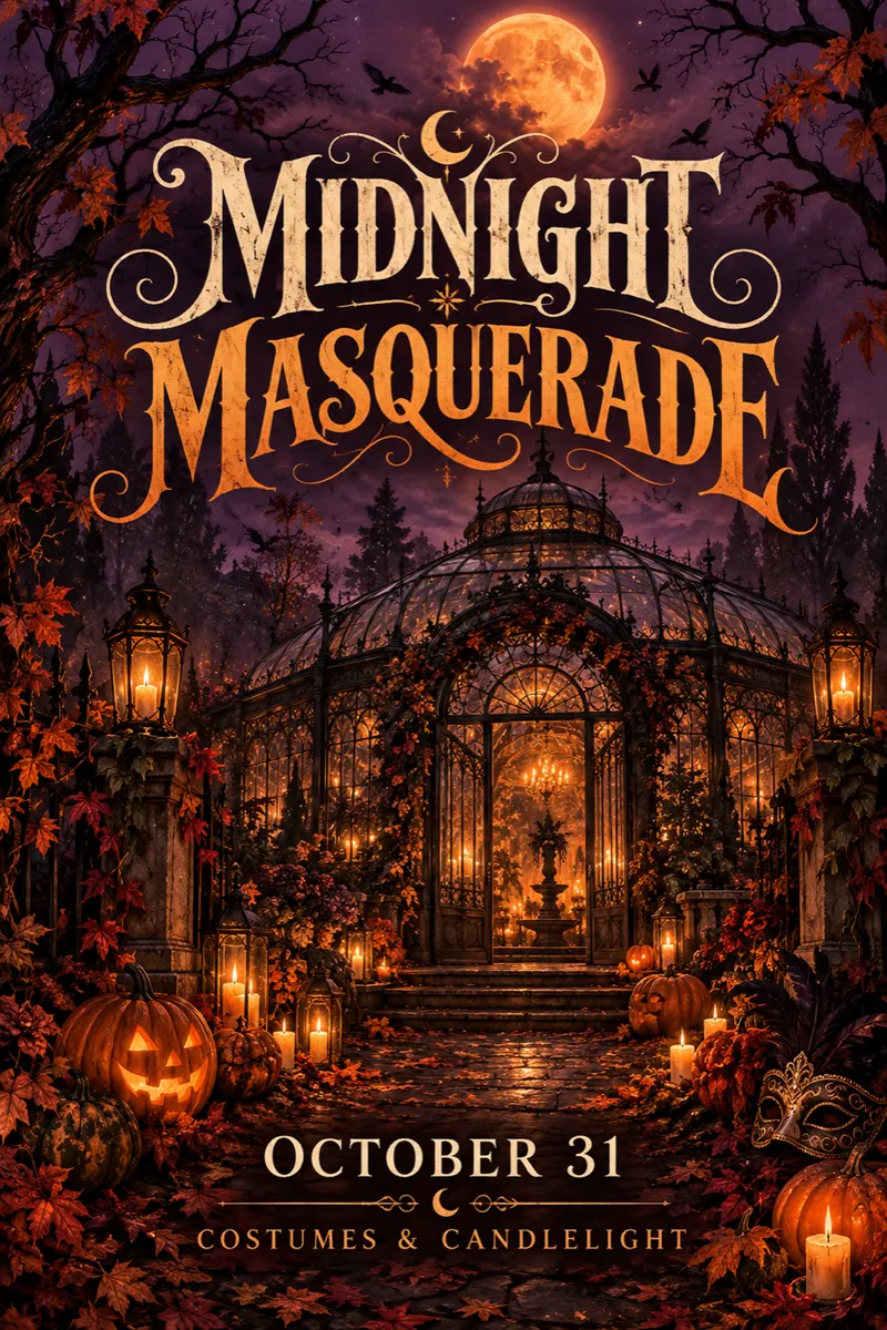 Midnight Masquerade Halloween party poster with a haunted house, glowing pumpkins and fiery orange lettering