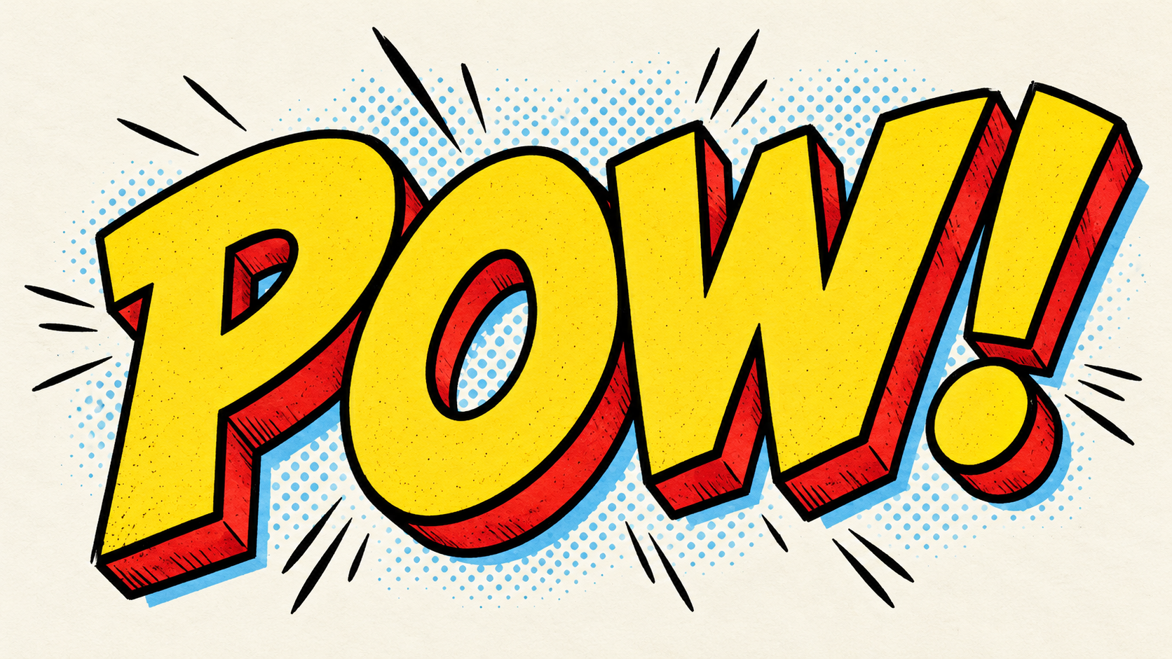 Original comic lettering with hand-inked outlines, yellow letters, red shadows, and halftone dots on warm paper