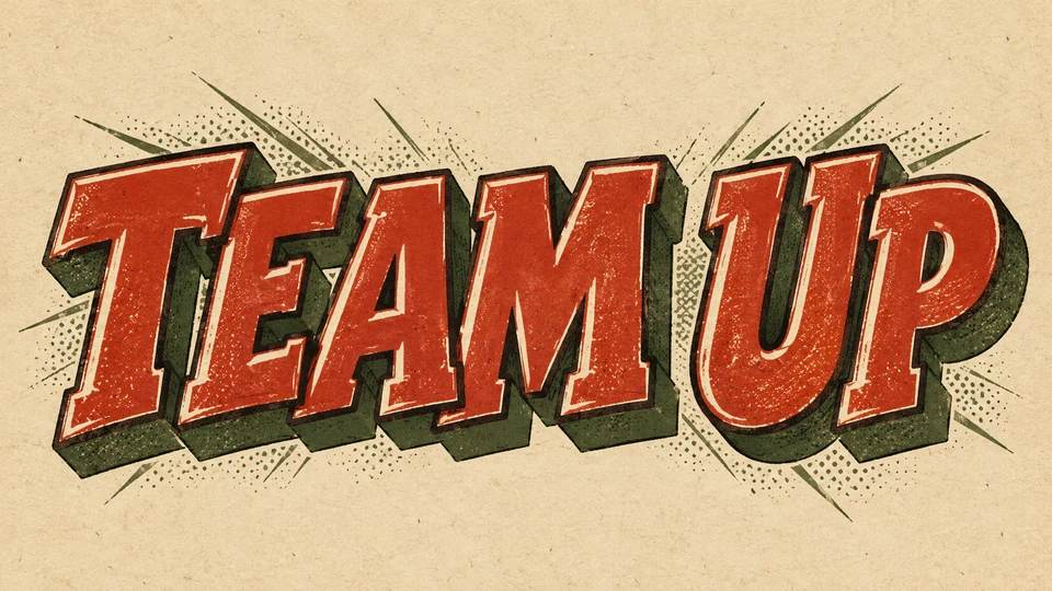 Original retro newsprint comic lettering with brick-red letters, olive shadows, and aged newsprint texture