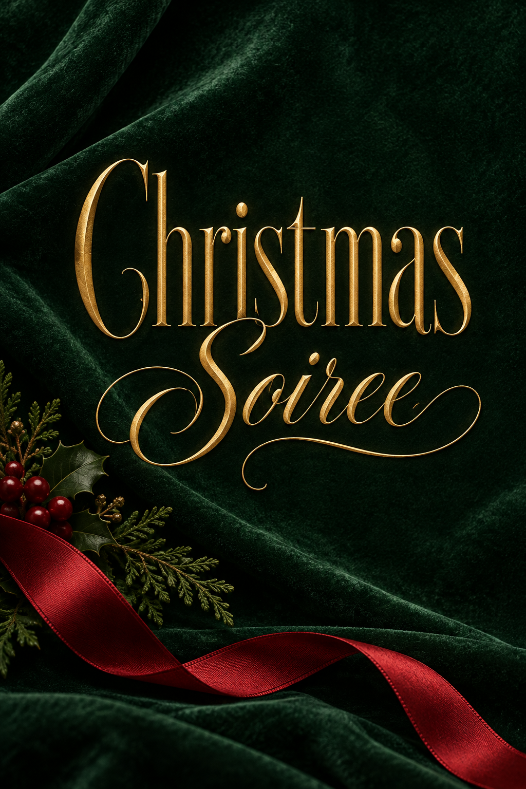 Christmas Soiree portrait event poster with dimensional gold serif lettering, a dark evergreen background and restrained red ribbon accents