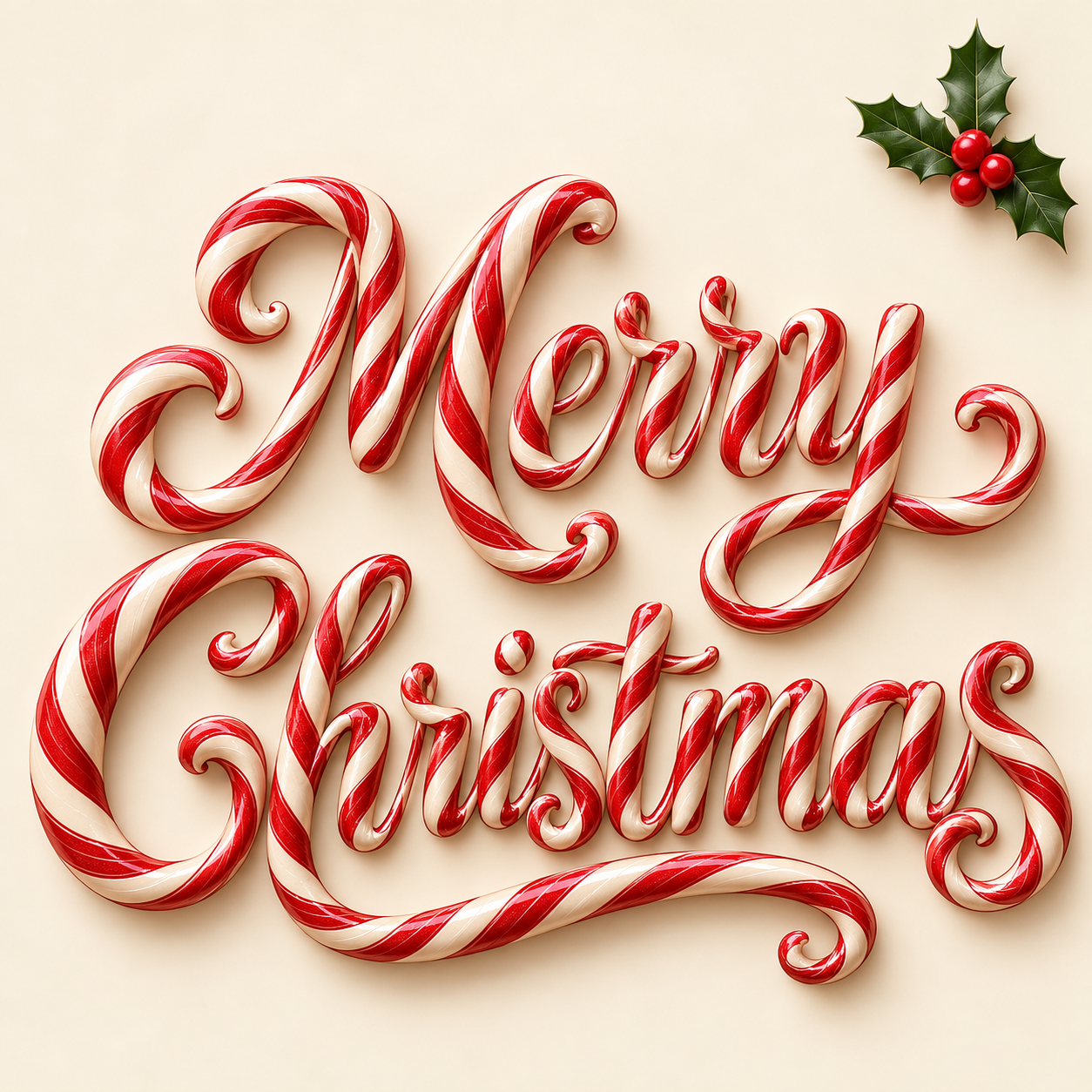 Merry Christmas square greeting card with two lines of flowing red-and-ivory candy lettering and a single holly accent on a cream background