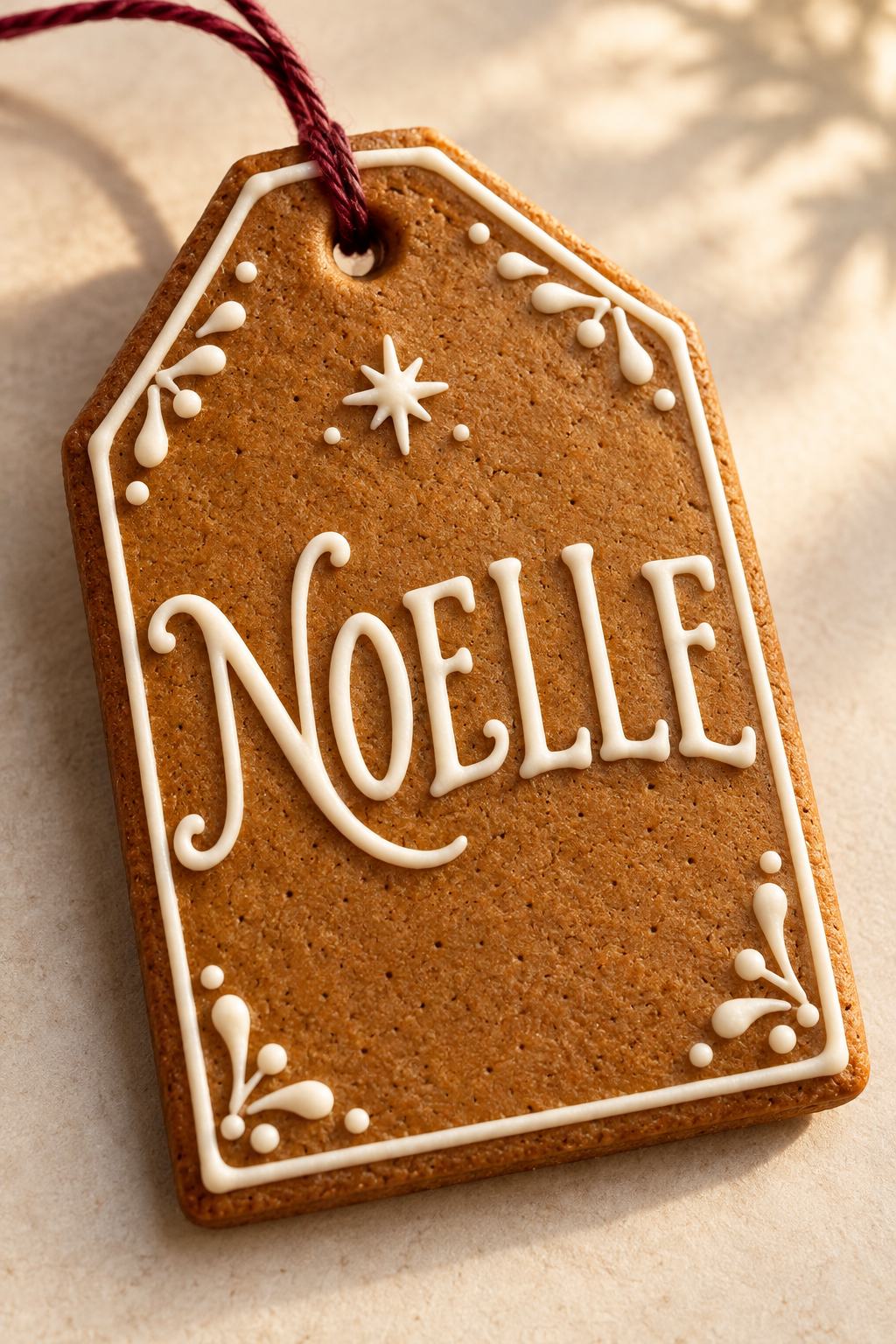 NOELLE hand-iced gingerbread gift tag with baked cookie texture, a real hanging hole and red cord, arranged on a warm stone surface