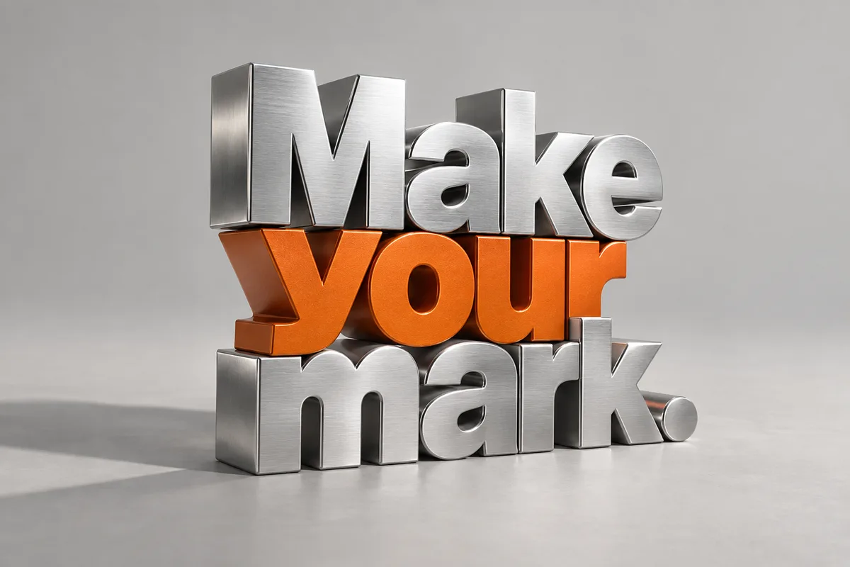 AI font generator sample: Make your mark in brushed silver and orange 3D letters