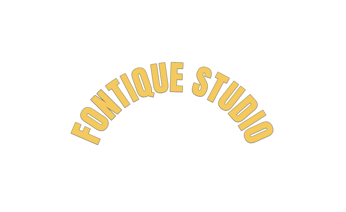 FONTIQUE STUDIO in bold yellow lettering arranged in an upward arc on a transparent background